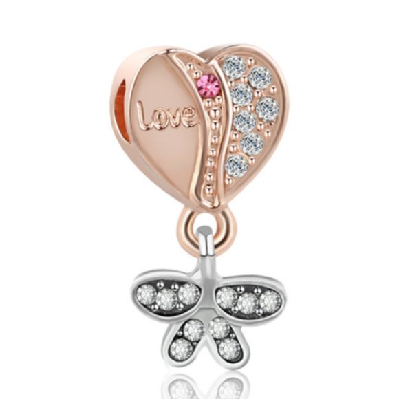 Jewelry - Rose Gold Heart & Butterfly Crystal European Charm